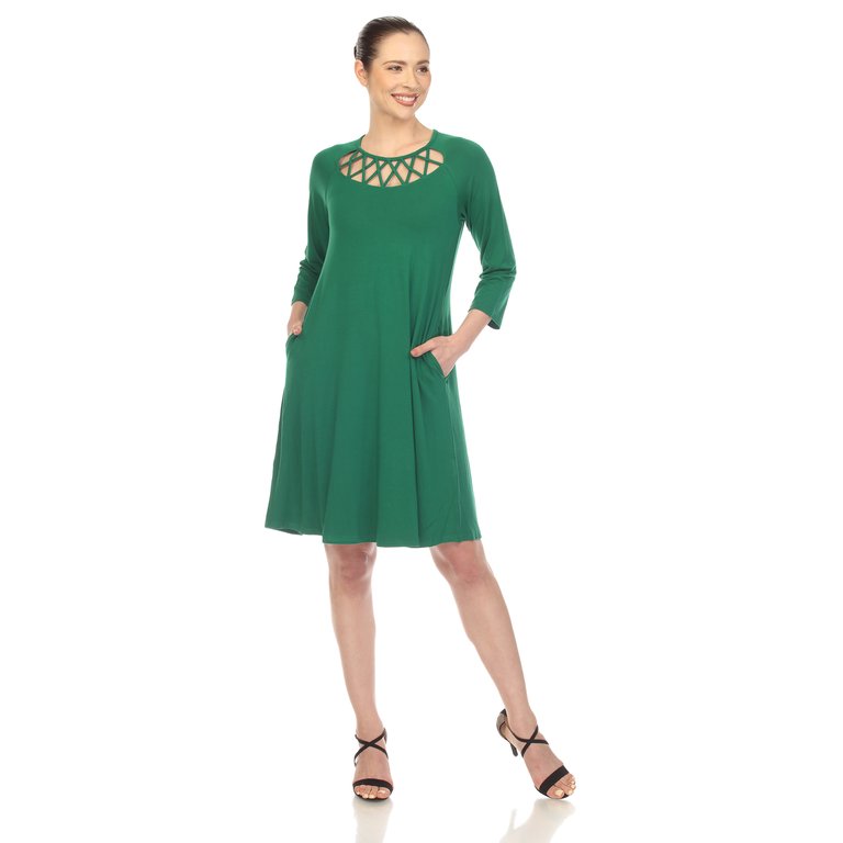 Women's Criss Cross Neckline Swing Midi Dress - Green