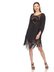 Women's Crocheted Fringed Trim Dress Cover Up - Black