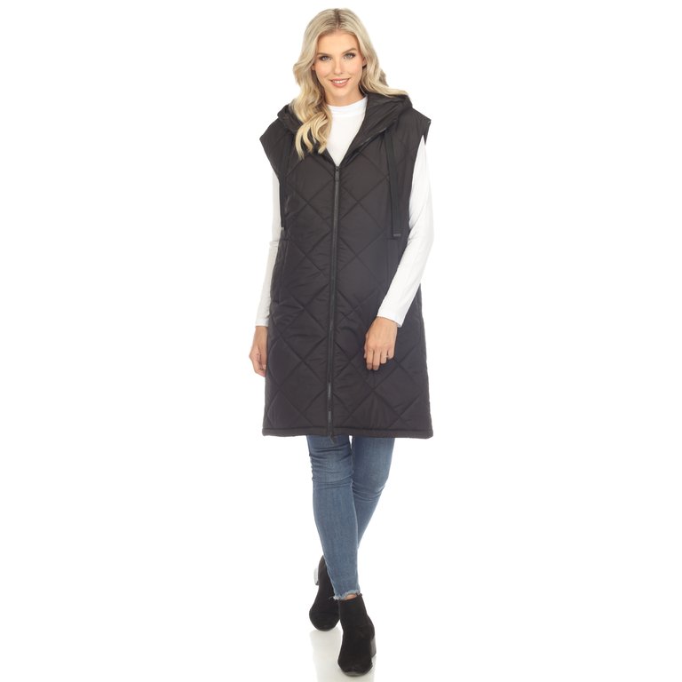 Women's Diamond Quilted Hooded Puffer Vest - Black