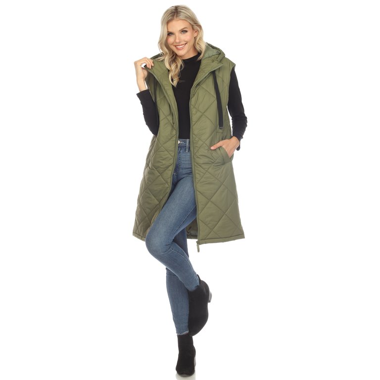 Women's Diamond Quilted Hooded Puffer Vest - Olive