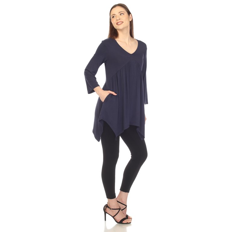 Women's Empire Waist V-Neck Tunic Top - Navy