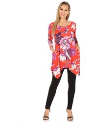 Women's Floral Scoop Neck Tunic Top With Pockets - Red/Purple