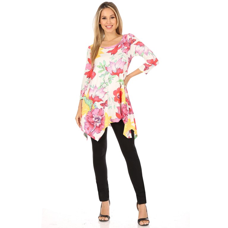 Women's Floral Scoop Neck Tunic Top With Pockets - White/Pink