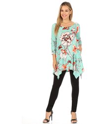 Women's Floral Scoop Neck Tunic Top With Pockets - Mint/Orange