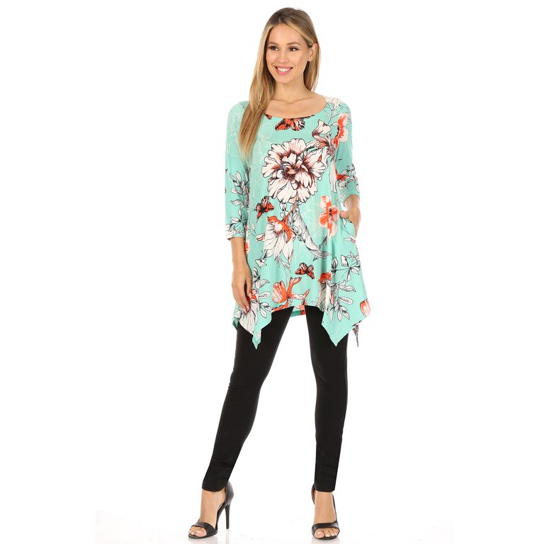 Women's Floral Scoop Neck Tunic Top With Pockets - Mint/Orange