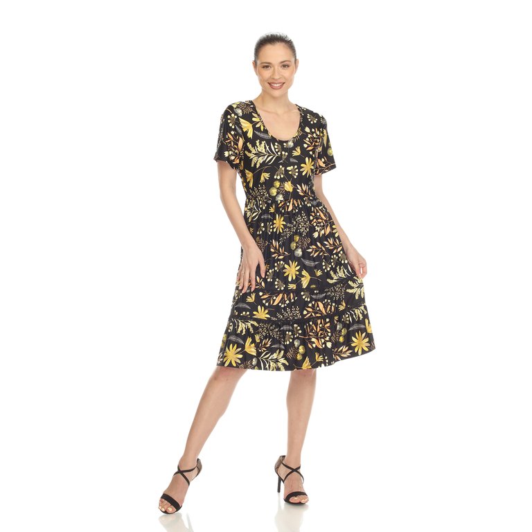 Women's Floral Short Sleeve Knee Length Dress - Black