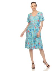 Women's Floral Short Sleeve Knee Length Dress - Blue