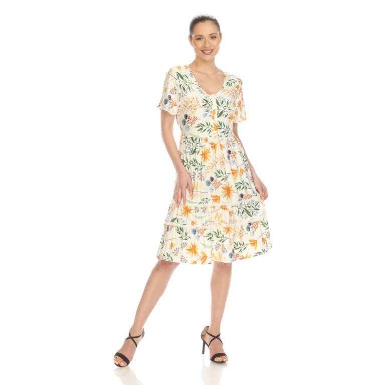 Women's Floral Short Sleeve Knee Length Dress - White