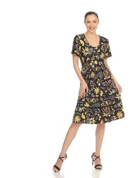Women's Floral Short Sleeve Knee Length Dress - Black