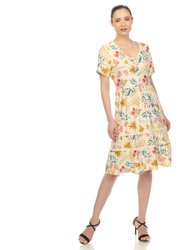 Women's Floral Short Sleeve Knee Length Dress - Beige