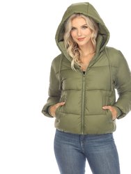 Women's Full Front Zip Hooded Bomber Puffer Jacket - Green
