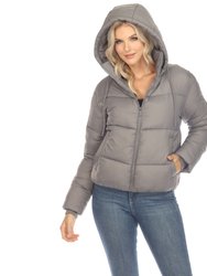 Women's Full Front Zip Hooded Bomber Puffer Jacket - Grey