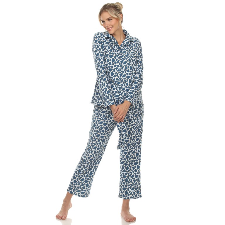 Women's Giraffe Print Three Piece Pajama Set - Blue Giraffe