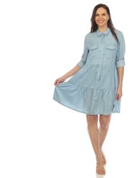 Women's Long Sleeve Tiered Midi Shirt Dress - Denim Blue