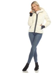Women's Midweight Quilted Contrast With Thumbholes Hooded Jacket - White
