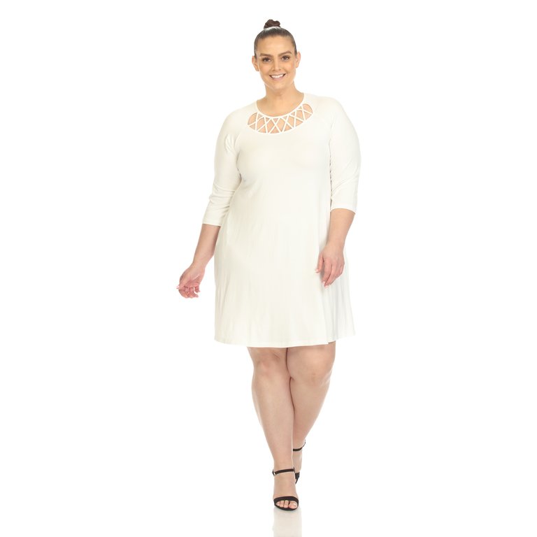 Women's Plus Size Criss Cross Neckline Swing Midi Dress - White