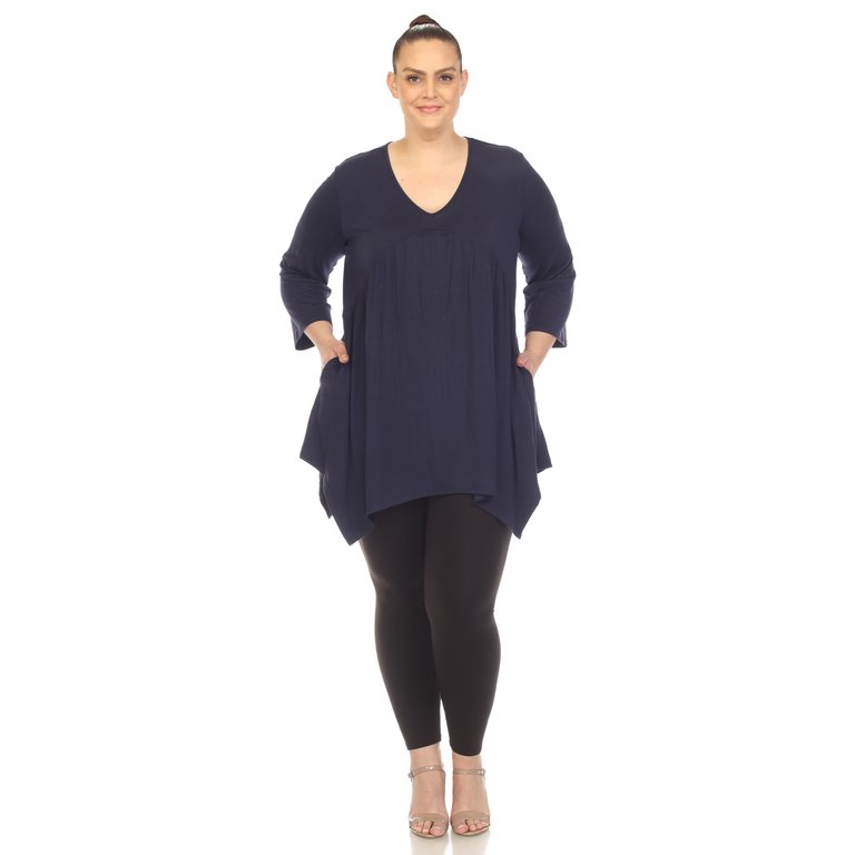 Women's Plus Size Empire Waist V-Neck Tunic Top - Navy