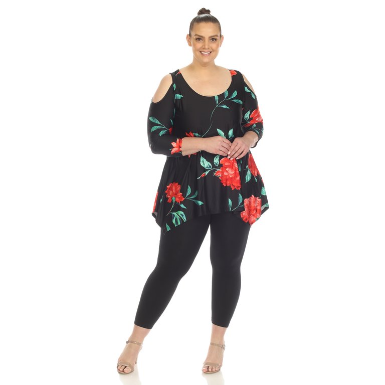Women's Plus Size Floral Printed Cold Shoulder Tunic - Black/Red