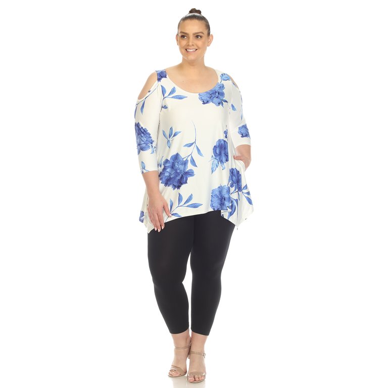 Women's Plus Size Floral Printed Cold Shoulder Tunic - White/Blue