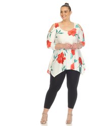 Women's Plus Size Floral Printed Cold Shoulder Tunic - White/Red