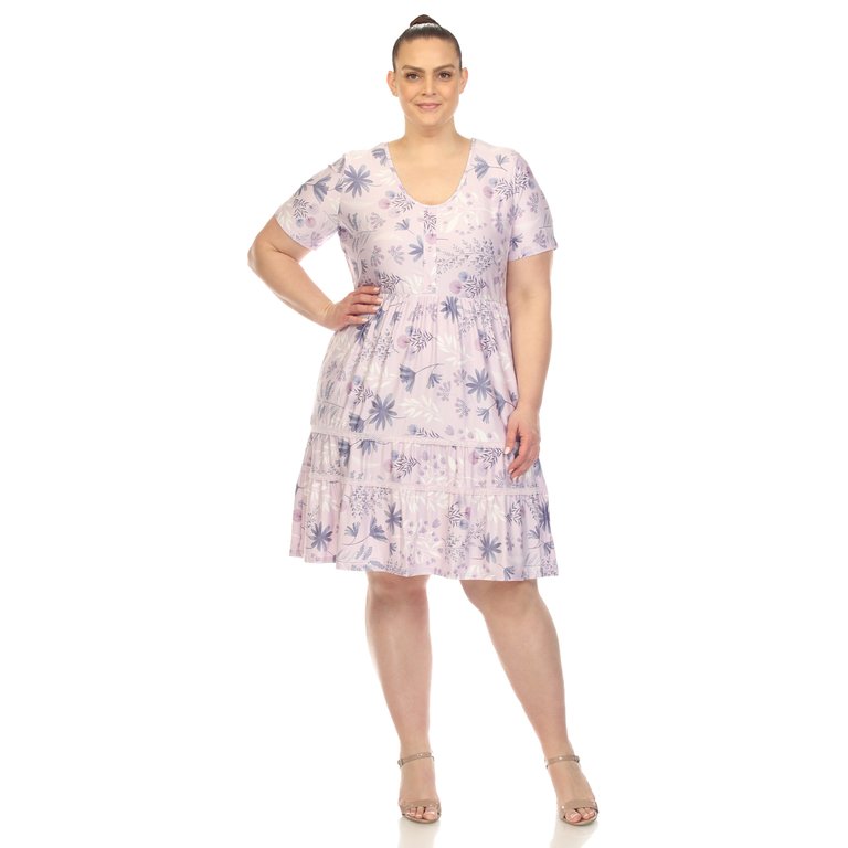 Women's Plus Size Floral Short Sleeve Knee Length Dress - Lavender