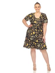 Women's Plus Size Floral Short Sleeve Knee Length Dress - Black