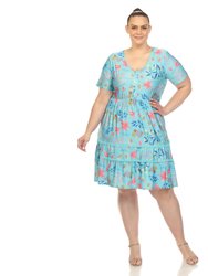 Women's Plus Size Floral Short Sleeve Knee Length Dress - Blue