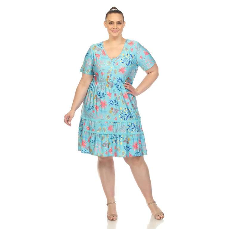 Women's Plus Size Floral Short Sleeve Knee Length Dress - Blue