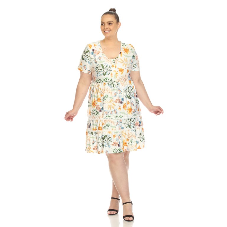 Women's Plus Size Floral Short Sleeve Knee Length Dress - White