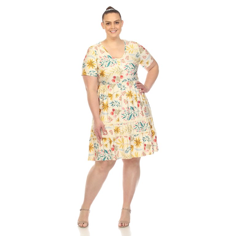 Women's Plus Size Floral Short Sleeve Knee Length Dress - Beige