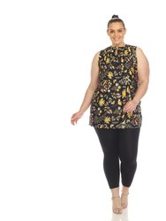 Women's Plus Size Floral Sleeveless Tunic Top - Black