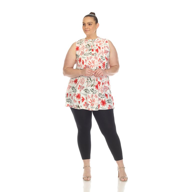 Women's Plus Size Floral Sleeveless Tunic Top - Red