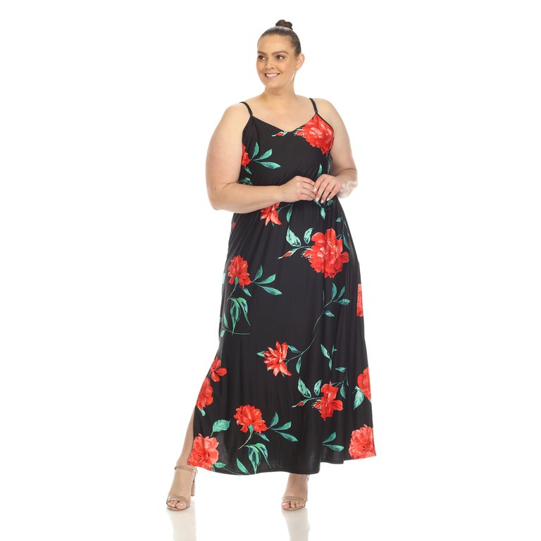 Women's Plus Size Floral Strap Maxi Dress - Black/Red
