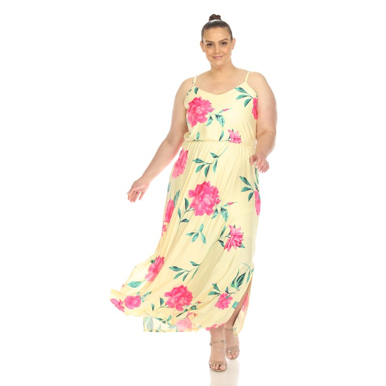 Women's Plus Size Floral Strap Maxi Dress - Yellow/Pink