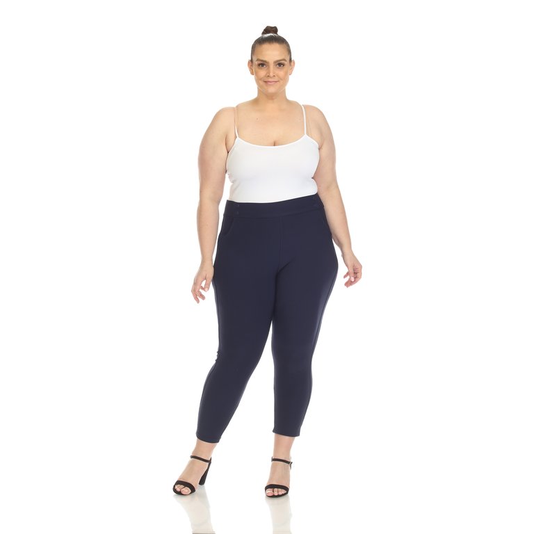 Women's Plus Size Super Soft Elastic Waistband Scuba Pants - Navy