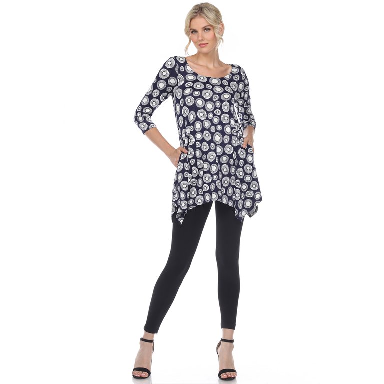 Women's Printed Geometric Circle Tunic Top - Navy