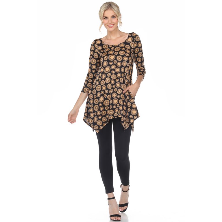 Women's Printed Geometric Circle Tunic Top - Black/Beige