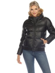 Women's Removable Fur Hoodie Bomber Leather Jacket - Black