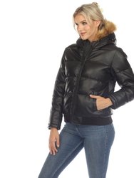 Women's Removable Fur Hoodie Bomber Leather Jacket