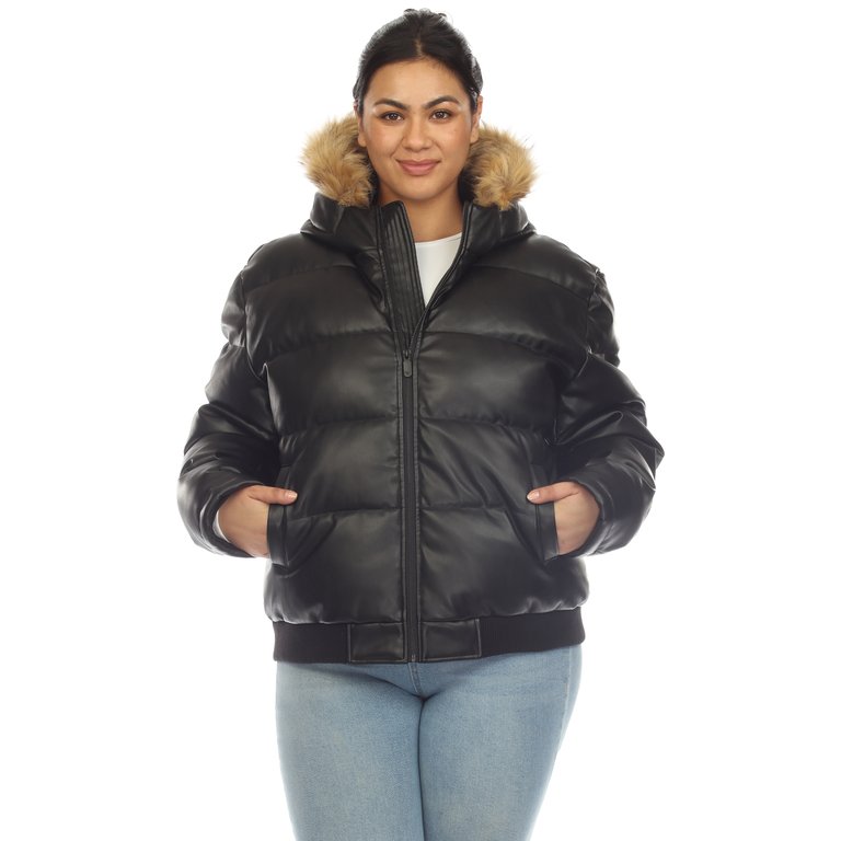 Women's Removable Fur Hoodie Bomber Leather Jacket - Black