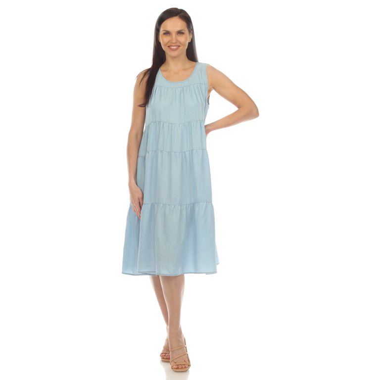 Women's Sleeveless Tiered Chambray Midi Dress - Denim Blue