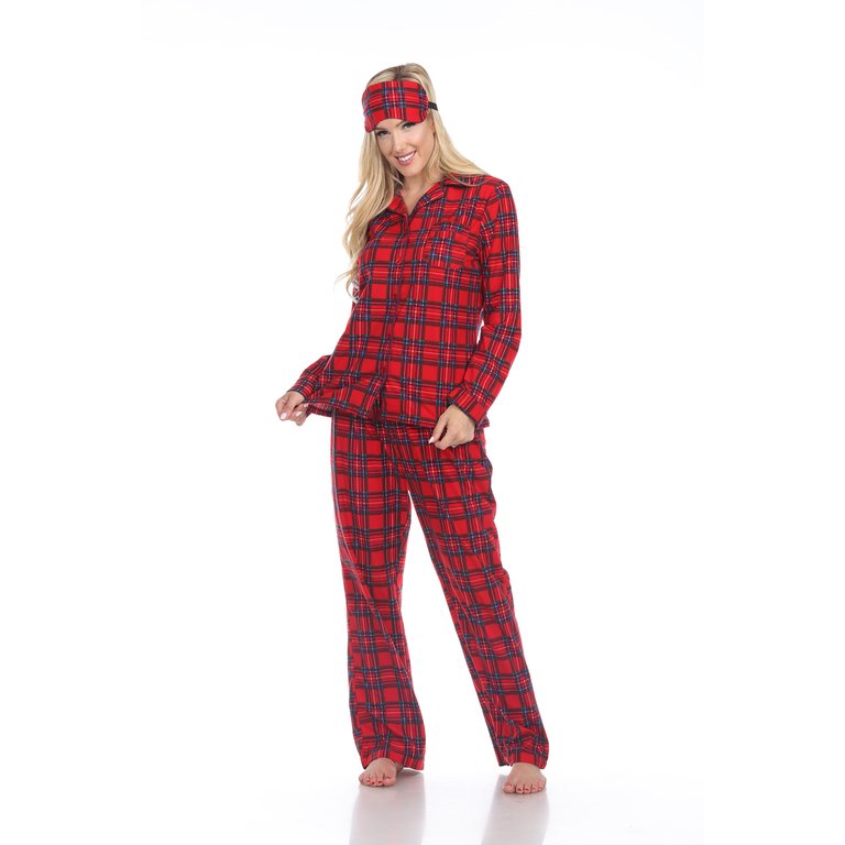 Women's Three Piece Pajama Set - Red Plaid