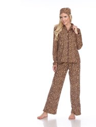 Women's Three Piece Pajama Set - Brown Cheetah