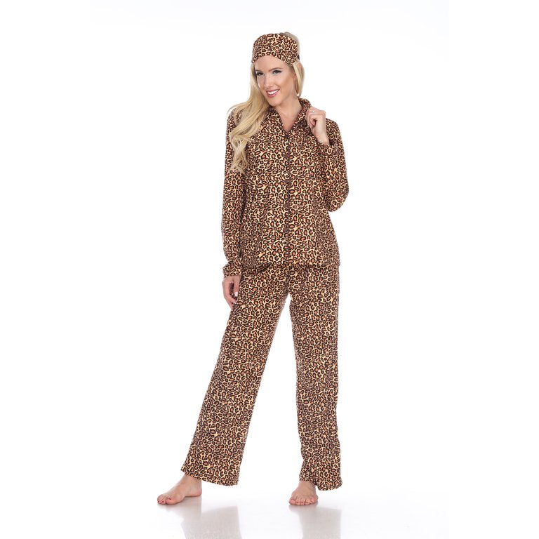 Women's Three Piece Pajama Set - Brown Cheetah