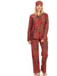 Women's Three Piece Pajama Set - Red Leopard