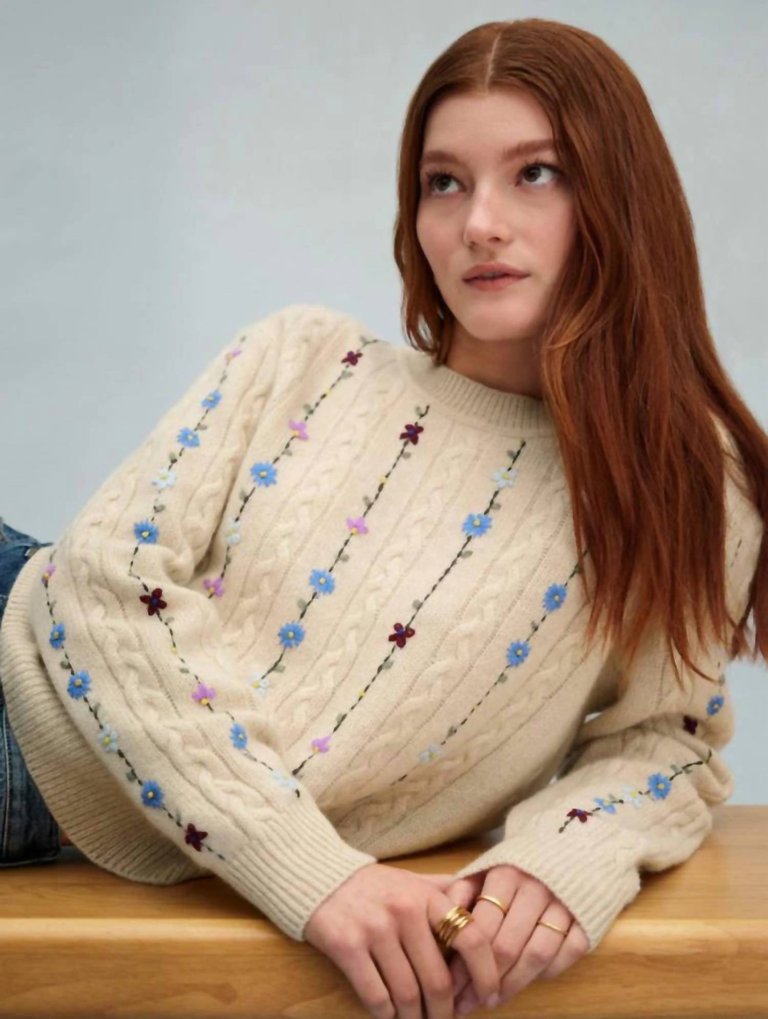 Cashmere Floral Embroidered Cable Crewneck Sweater - Heather Cream - Heather Cream