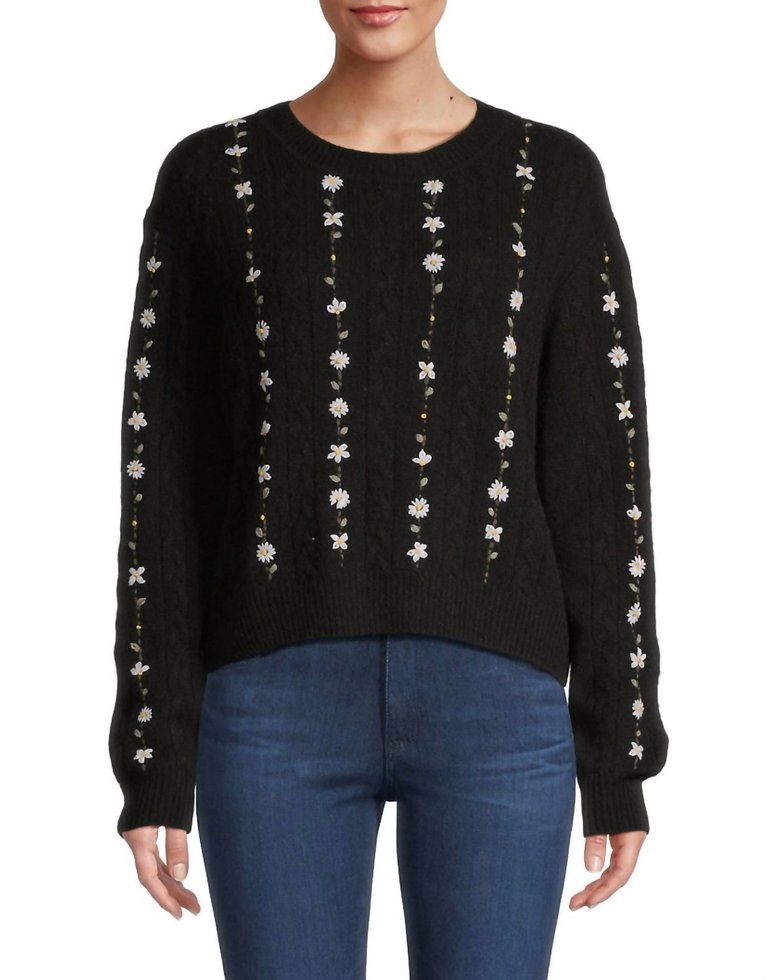 Cashmere Floral Embroidered Cable Crewneck Sweater - Black