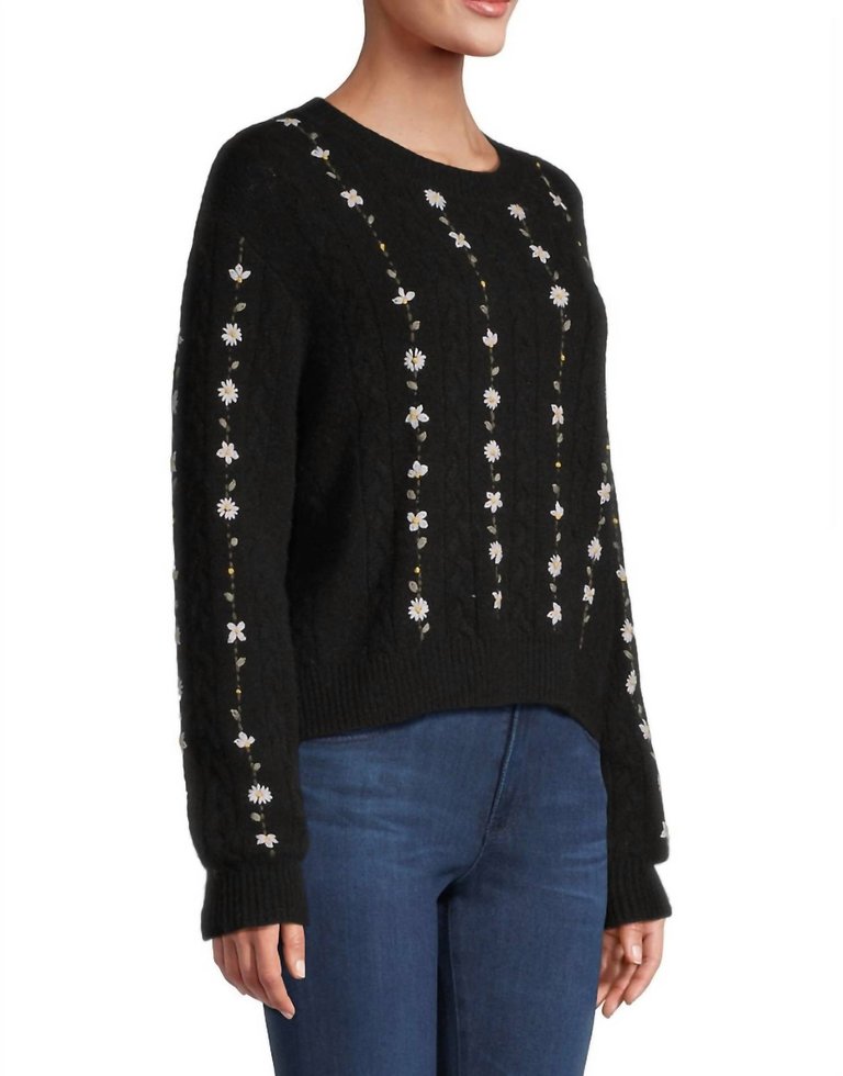 Cashmere Floral Embroidered Cable Crewneck Sweater
