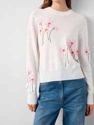 Cashmere Floral Embroidery Crewneck Sweater In Soft White Combo