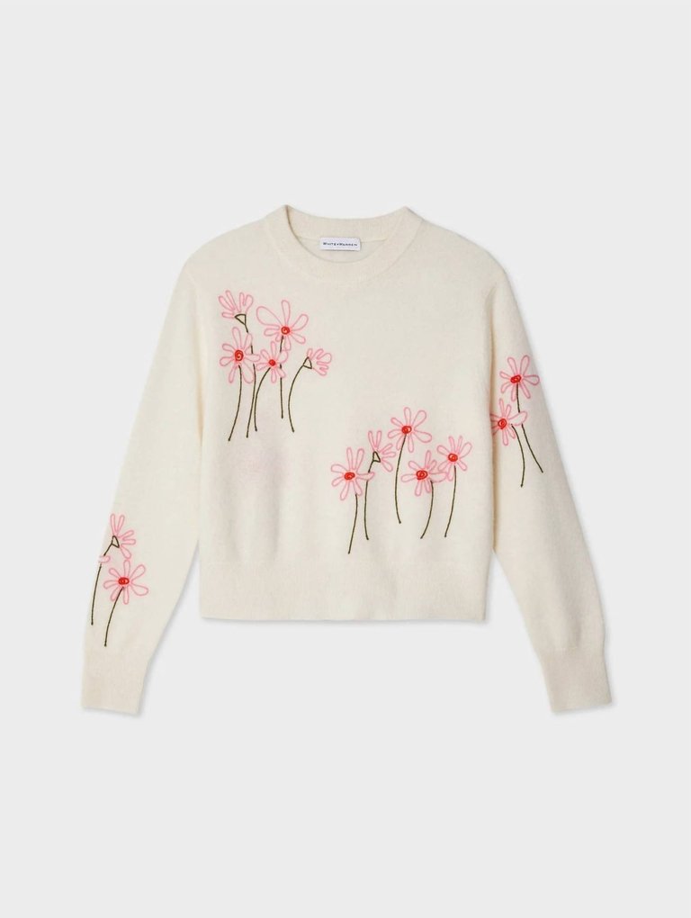 Cashmere Floral Embroidery Crewneck Sweater In Soft White Combo - Soft White Combo